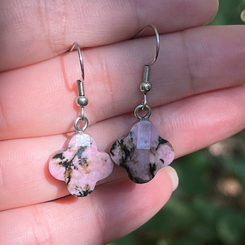 Stainless steel rhodonite clover drop earrings